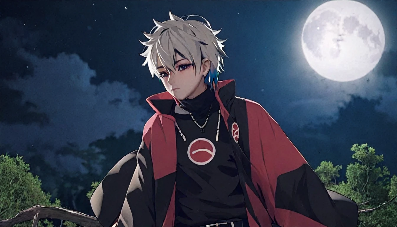 kakashi character in akatsuki outfit smoking weed outside at night, on a full moon night. ultra wide 4k 90s scene