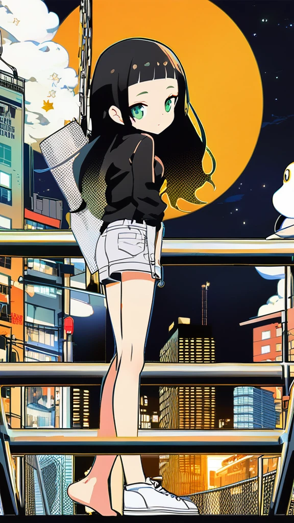 masterpiece, Exquisite detail,Highest quality, One girl, alone, handrail, cloud, 立ってNULLを見上げている,Long Hair, NULL, Long sleeve, sneakers, Power lines, White footwear, Black Hair, View your viewers, Electric pole, bangs, cloudy NULL, fish, bird, Green Eyes, Shorts, Day, Black Shirt, barefoot,Buildings,Tokyo city,walk,night,Night Sky,Star,milky way