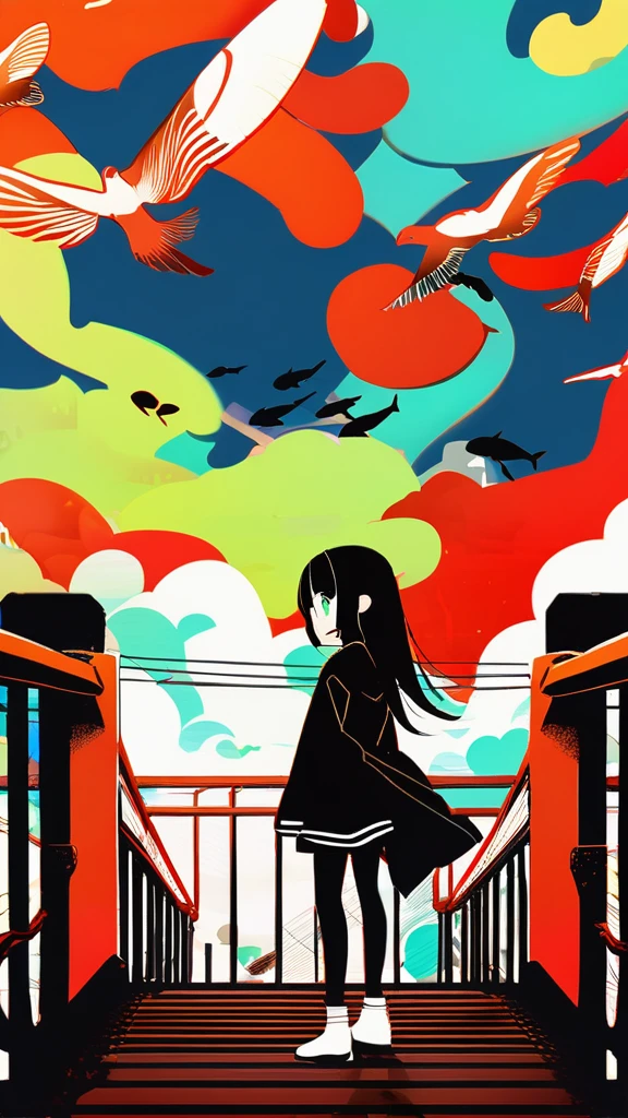 masterpiece, Exquisite detail,Highest quality, One girl, alone, handrail, cloud, 立ってNULLを見上げている,Long Hair, NULL, Long sleeve, sneakers, Power lines, White footwear, Black Hair, View your viewers, Electric pole, bangs, cloudy NULL, fish, bird, Green Eyes, Shorts, Day, Black Shirt, barefoot,Buildings,Tokyo city,walk,night,Night Sky,Star,milky way