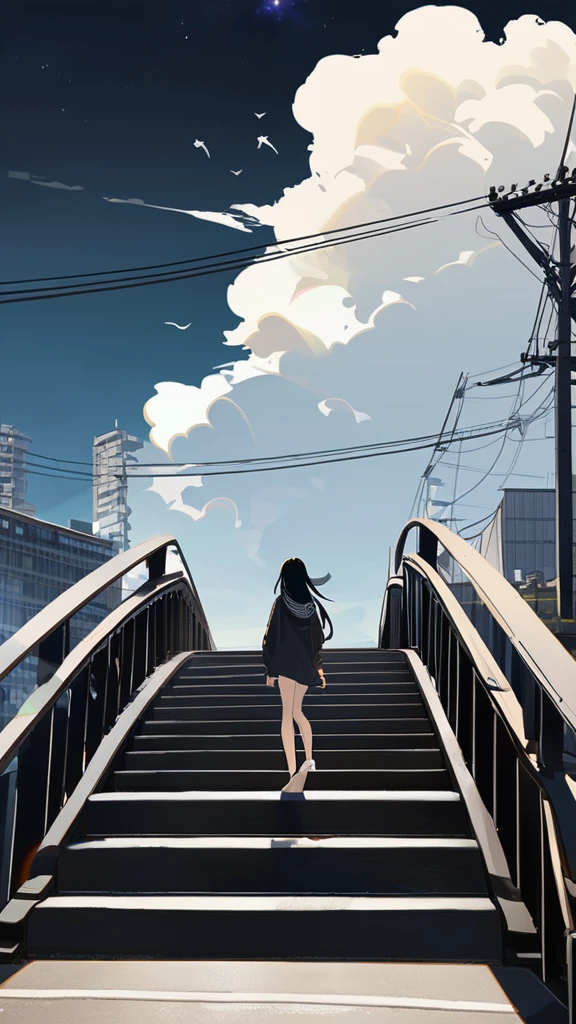 masterpiece, Exquisite detail,Highest quality, One girl, alone, handrail, cloud, 立ってNULLを見上げている,Long Hair, NULL, Long sleeve, sneakers, Power lines, White footwear, Black Hair, View your viewers, Electric pole, bangs, cloudy NULL, fish, bird, Green Eyes, Shorts, Day, Black Shirt, barefoot,Buildings,Tokyo city,walk,night,Night Sky,Star,milky way