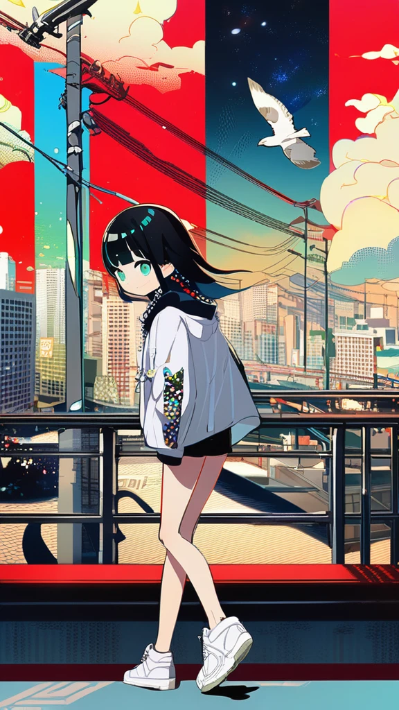 masterpiece, Exquisite detail,Highest quality, One girl, alone, handrail, cloud, 立ってNULLを見上げている,Long Hair, NULL, Long sleeve, sneakers, Power lines, White footwear, Black Hair, View your viewers, Electric pole, bangs, cloudy NULL, fish, bird, Green Eyes, Shorts, Day, Black Shirt, barefoot,Buildings,Tokyo city,walk,night,Night Sky,Star,milky way