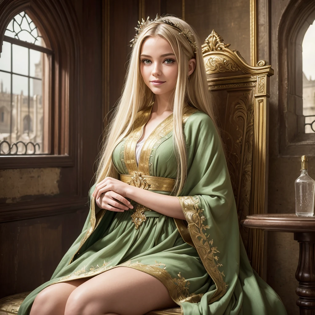 (((Masterpiece, highest quality, high definition, high detail)))), (((Fantasy))), ((Walled City)), ((Inside the inn)), (Sitting in a chair and looking out the window))), ((People passing through the city)), One, Elf woman, Short skirt of white embroidered with gold, Blonde long straight hair, Dark green eyes, Green surcoat embroidered with gold, Smile, Big, (Breeze) , There are a lot of light particles floating in the room