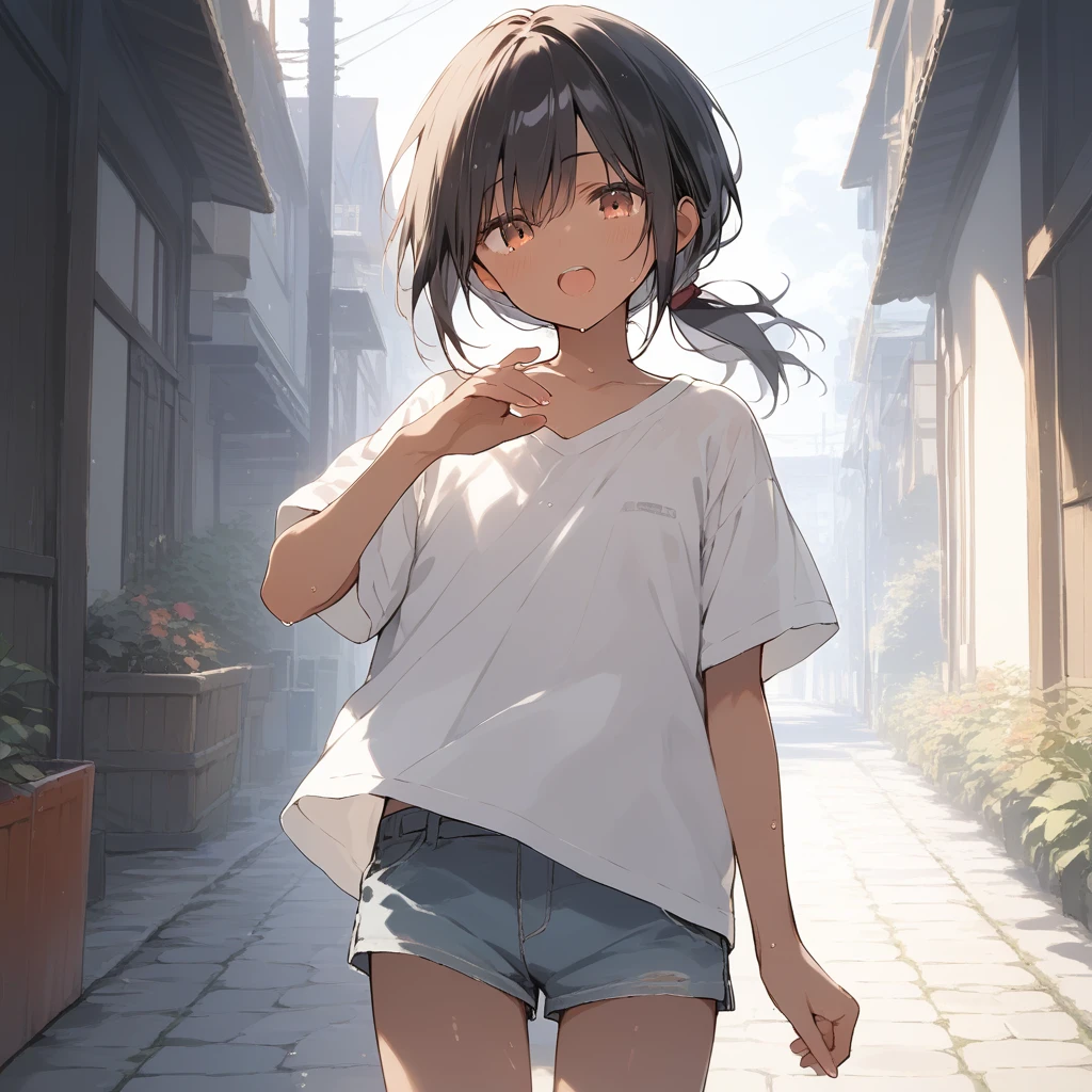 score_9, score_8_up, score_7_up, source_anime, best quality, masterpiece, official art, absurdres, highres, ultra-detailed,waifu2x,Collection: Slice of Life,break,1girl, tomboy, dark-skinned female, short hair, low ponytail, flat chest, beautiful detailed eyes, short shorts, sweat, open mouth, (yawn:0.3), sleepily, outdoors, wind,break,(clear line illustration:1.2), super detailed skin,very high resolution, very aesthetic, Best sexual lighting powered by famous artist, 8k,cute picture,beauty illustration,photoshop_(medium),,(Detailed Lighting),best anime 8k konachan wallpaper, pixiv contest winner, 