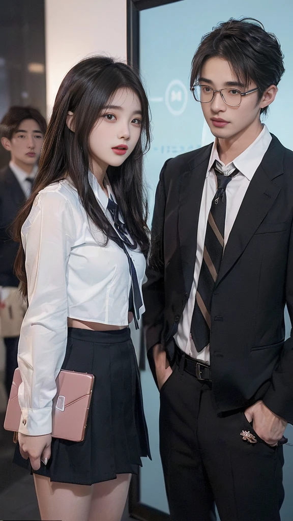 (high quality), (NSFW:1.2), (school _uniform :1.2), (split screen:1.3), (A delinquent:1.3),(girl's pantyhose:1.1), (glamorous and mature high school girl and a Korean adult man enjoying a smartphone chat app :1.4), (Her smartphone display shows a number of Korean adult men chatting to a high school girl.:1.4), (Their chat language is English:1.6), (Men are waiting for her response:1.5), popup window, (And the man is requesting a chat with her on the smartphone screen:1.5). (Chat takes place alternately between women and boys:1.4), (each other places),