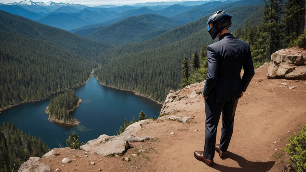 A Luxury Sales Suit man wearing a black rider full-face helmet overlooking wilderness,full body,standard rider black full face helmet,back view of the man, background is a wilderness,a man overlooking wilderness,a man overlooking wilderness,a man overlooking wilderness,a man overlooking wilderness,a man overlooking wilderness,full body,full body,full body,full body,with black rider full-face helmet,with black rider full-face helmet,with black rider full-face helmet,wearing black rider full-face helmet,wearing black full-face helmet,wearing black full-face helmet,overlooking wilderness,overlooking wilderness,Back view,Back view,Back view,Back view,Draw people small,Draw people small,Spectacular views,Spectacular views,Spectacular views,lonely man,lonely man,a black full-face helmet,a black full-face,A Luxury Sales Suit man,with Luxury Sales Suit