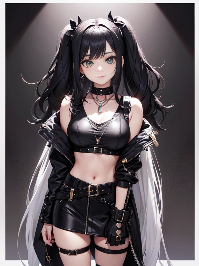 (all intricate details, 1 girl view, Zenless Zone Zero style, Nicole Demara): "Create a highly detailed character design featuring a young, vibrant girl with long, wavy pastel pink hair that reaches her waist. The hair is divided into two large sections tied with shiny black bows at the top of her head. Loose strands form wide, soft waves that frame her face and shoulders. Small loose strands fall near her face, with a pair of black hairpins on the left side. Her face is youthful and lively, with a playful smile and a wink in her left eye. She has large, vibrant green eyes with a bright, enthusiastic sparkle and long, well-defined eyelashes. She wears small yellow earrings and a necklace with a heart-shaped pendant resting at the base of her collarbone. She is dressed in a short black jacket that leaves her shoulders bare, adorned with metallic details such as buckles and buttons, and white cuffs. Underneath, she wears a white crop top that ends just above her navel, featuring a black graphic design. Her outfit includes multiple belts and straps around her waist, some connected to her lower clothing, with metallic buckles. The character exudes a punk-rebellious style with kawaii touches, set in a futuristic or urban fantasy world. The background should be neutral or slightly futuristic to highlight the character."