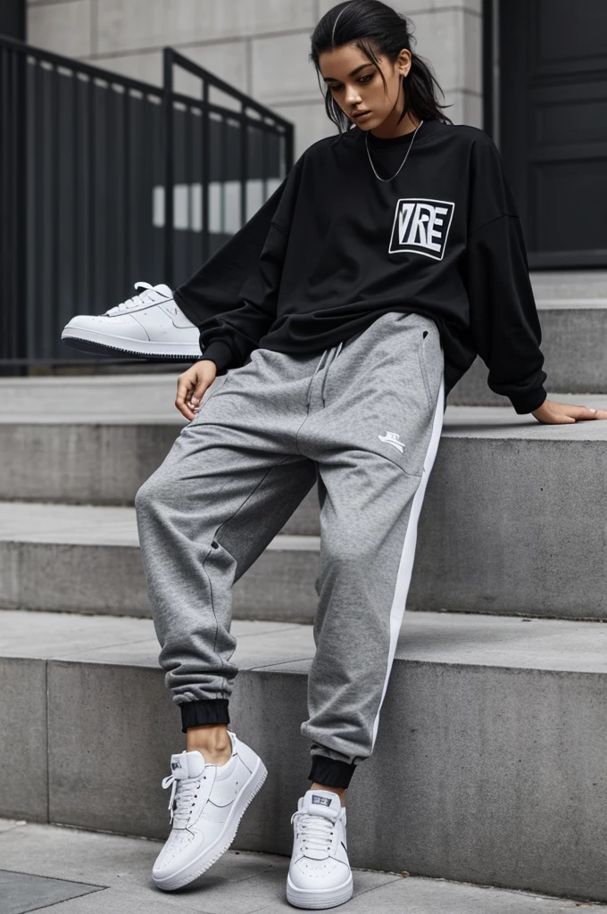 Describe a modern streetwear outfit with an Oversized black t-shirt with the word "Vetements" In the middle, long gray joggers and white Air Force One sneakers. This set exudes contemporary style and comfort. The t-shirt provides an urban touch with its simple but impressive design, while the gray joggers add a subtle yet modern contrast. Completing the look, white Air Force One sneakers add a classic and elegant element, perfectly balancing boldness and sophistication. Perfect to stand out with a sophisticated and casual look at the same time!!