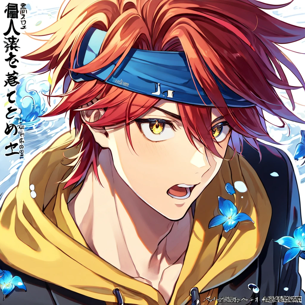 absurdres, highres, ultra detailed, HDR, master piece, Kyan Reki, red hair, expressive amber eyes, yellow hoodie, blue headband, black jacket, SK8 the infinity, sexy man, handsome, best quality, blue moon, flowers, fantasy, magical, solo, water, blue shining fireflies, blue petals, the word "Krozseria" is written on his shirt,