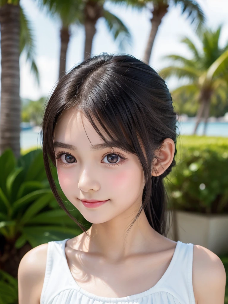 One Girl,Very cute girl at ,Big eyes:0.5,The face is facing straight ahead,Body facing forward,Beautiful nose,Fuller lips,Short black hair,ponytail,Detailed eyelashes,Thin eyebrows,Symmetrical eyes,Face close-up,White swimsuit,Portrait,View Viewer, half smile:0.5,