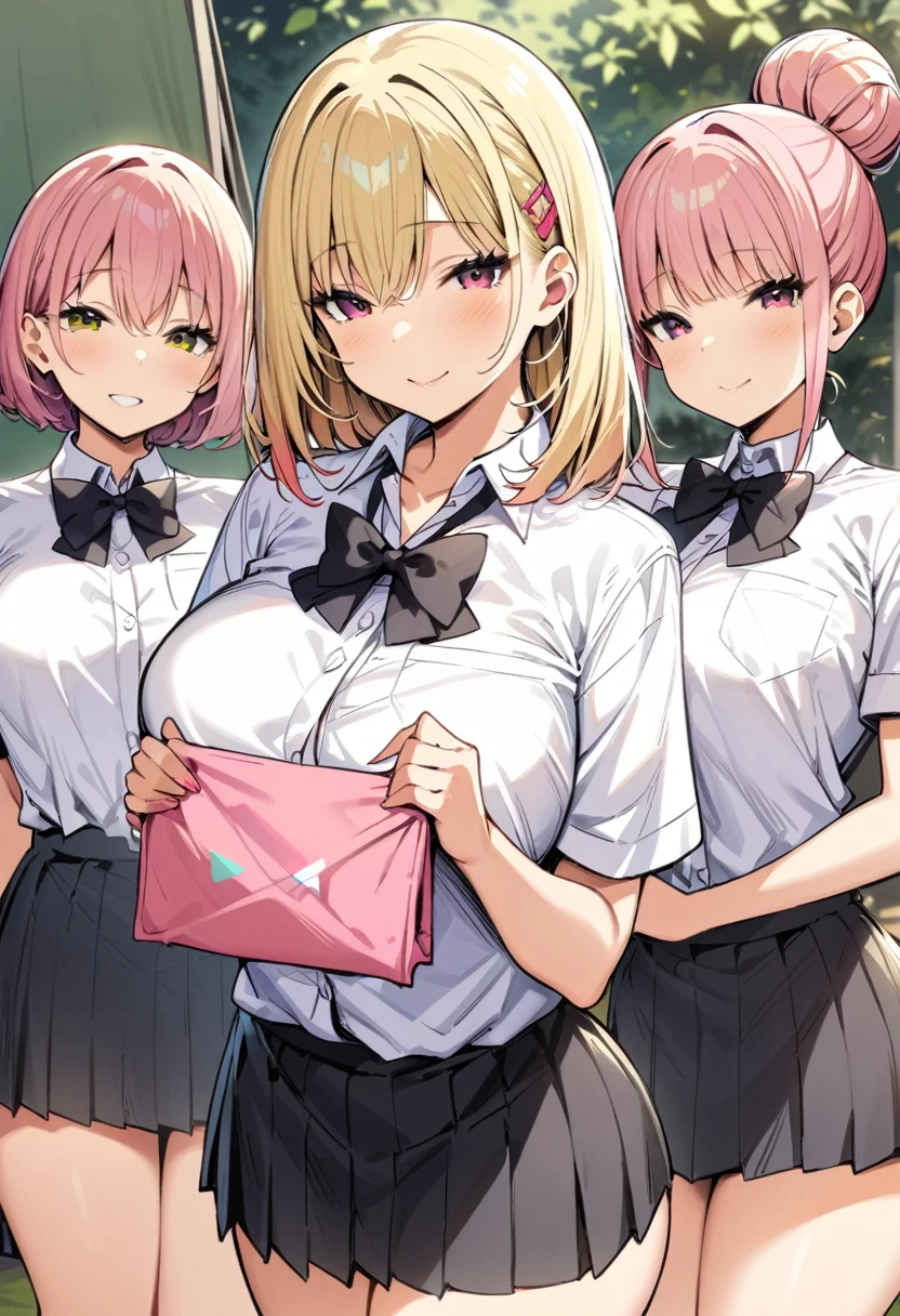 masterpiece, Highest quality, High resolution, JK,Huge ,Three Girls,black bow,black bowtie,Blonde,bow,bowtie,chest,Hair Bun,,Long Hair,View your viewers,Multiple Girls,Pink Hair,pleated skirt,Tucked in shirt,short hair,skirt,smile,Tent shirt, pink leopard print panty