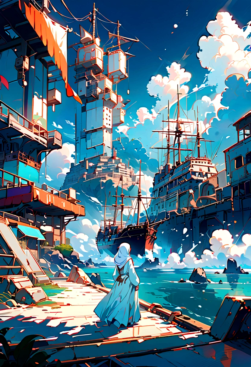 the girl is wearing a simple white hijab, long hijab, she is wearing a very long simple white dress, the dress covers her legs, the dress has long sleeves, ((loose white dress)), ((loose dress)), wide dress, back view, back view, she tanding at the edge of a massive, overturned cityscape, gazing down at a sailing ship navigating a vibrant turquoise sea below, fluffy white clouds scattered across the sky, surreal, dreamlike atmosphere, anime key visual , XL more details,EpicSky,Architectural100,clouds,scenery,sky,sparkle,high saturation ,Modern,extremely detailed