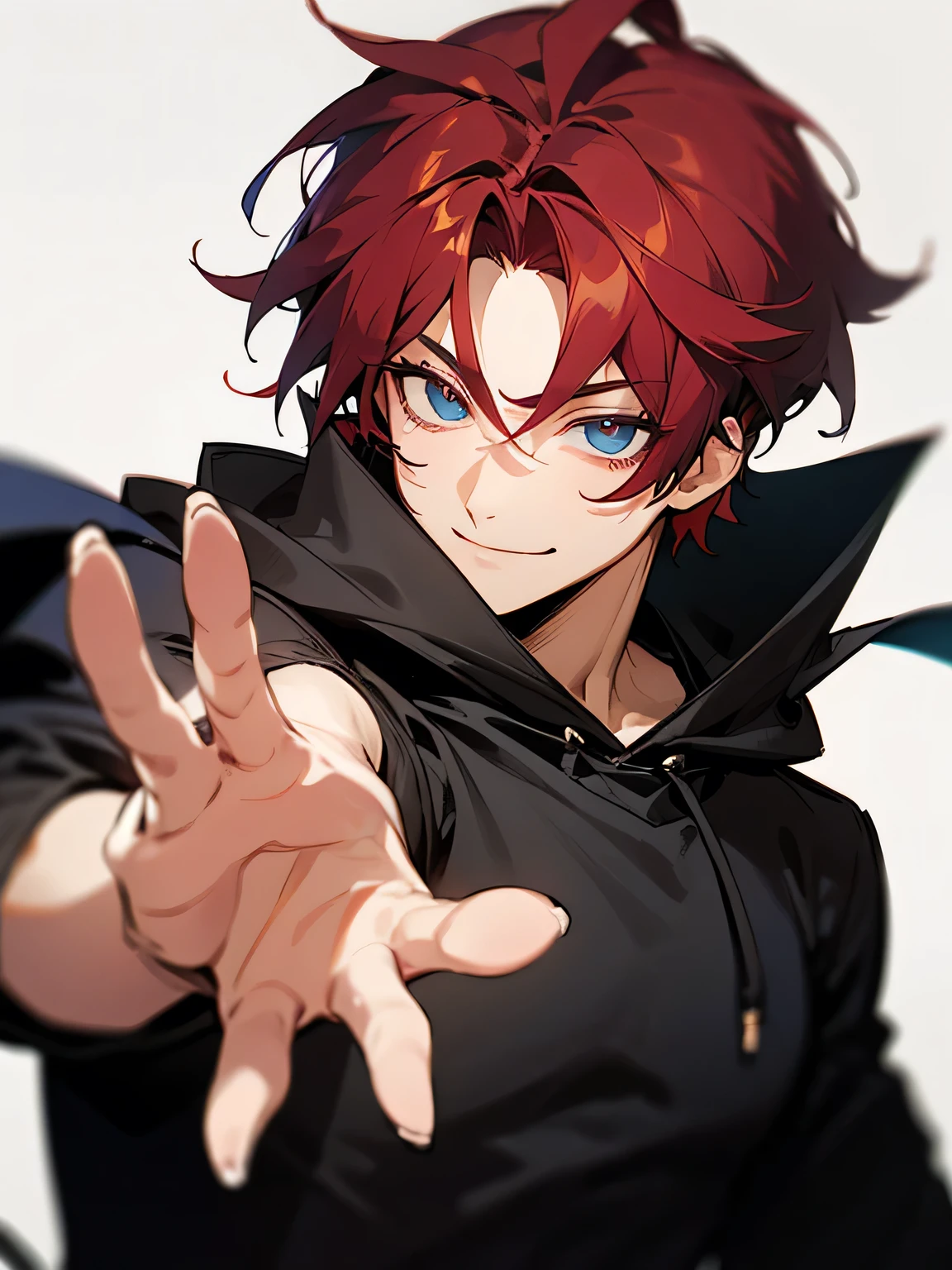 solo, upperbody, dark red fliiped hair, male's hair style, backcut, male's eyes, black hoodie, stylish pose, smile, white simple background