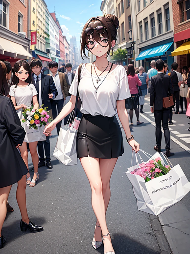 Very detailed, high quality, masterpiece, 1 female, Walking down the street, shopping bags in both hands, Happy expression, Brown Hair, Tied up in a messy bun, (Casual wear: 1.1), White T-shirt, Short skirt, High heels, light makeup, (Silver Necklace: 1.2), Sunglasses on head, Holding flowers, People in the background々and storefront, Outdoor, sunny day.