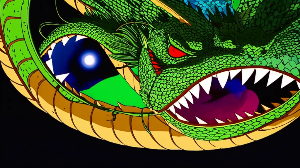 {{{masterpiece}}}, {{{best quality}}}, {{ultra-detailed}}, {illustration}, {{an extremely delicate and beautiful}}, (beautiful detailed eyes:1.6), extremely detailed face, 8k, anime face, Shenron(Dragon Ball), no humans, dragon, solo, dragon moustache, multiple arms, red eyes, serpentine dragon, brown horn, branching horns, scales, green scales, light yellow bellows, deep green dorsal fin, very very long torso, undulate the torso, tail stuck in ground, light diffused from the ground, Diffuse reflection, night