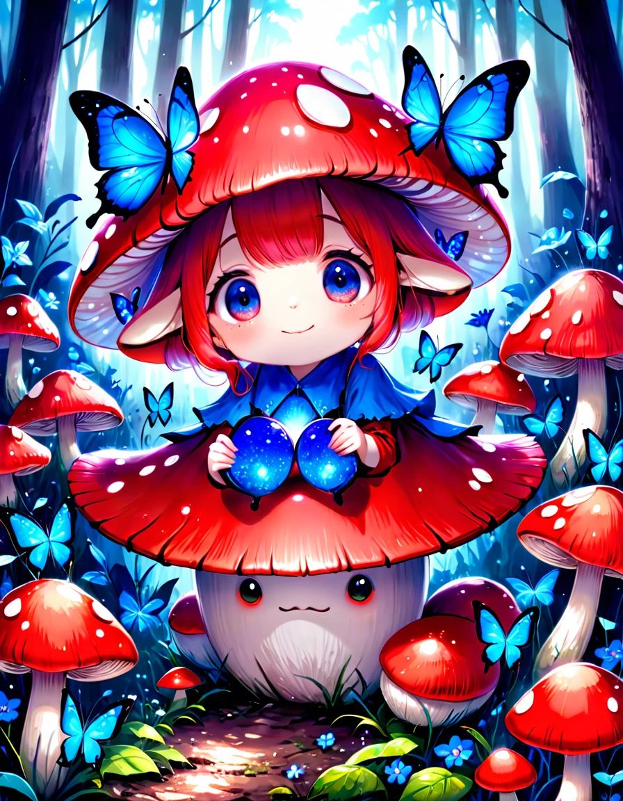 absurdres, highres, ultra detailed, HDR, master piece, best quality, extremely detailed, cute red mushroom with face, cute, small, solo, magical, fantasy, magic, blue forest, glittering, blue butterflies, blue petals, blue flowers 