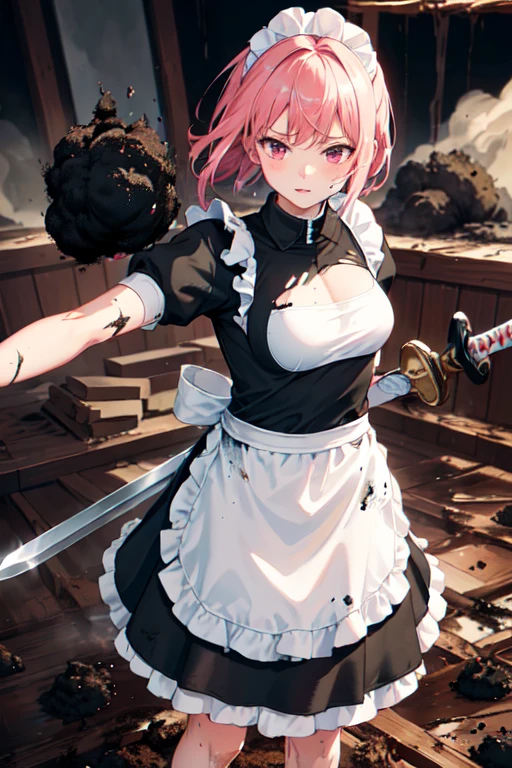 (Ultra-high resolution:1.4)(super high quality:1.4)(detailed:1.4)(Attention to detail), (Ultra-high resolution:1.6)
One girl, cute, Small breasts, White skin, Pink Hair, Classic maid outfit, Normal collar, Leading the way, Sword and Magic, Burning Battlefield, Fierce Battle, Intense Combat, Fighting with a two-handed sword, Large sword, Confronting a formidable opponent, There are scratches or stains, (戦闘でTorn clothes1.6), (Torn clothes:1.4), (Apron torn to shreds:1.6), (Shabby maid), Mud stains all over the body, Burnt and charred, (Tattered Apron:1.4), (Soot stains:1.6), (Covered in mud:1.6), A torn apron, Tattered Apron, Apron that looks like it's about to tear, Slashed Apron, Fighting in rags, (The whole body is dirty:1.4), (Mud on the apron, Dirt all over the body:1.4), Blown away, Slash marks,