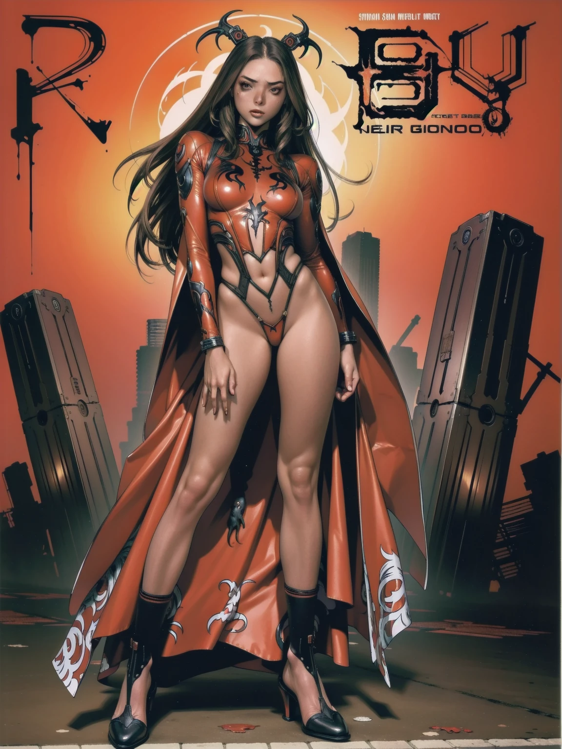 ((best qualityer)), (((Venom girl))), (((slim))), (Muscles), (((Red suit))), ((Perfect masterpiece)), (detailded: 1.4), (absurdrez), (((long straight hair with modern cut))), (((full body fitness, Venom symbol)), (((woman with long cropped hair, blushful))), 21 year old woman, beautiful sexy woman, giant robot pilot, wild with perfect corpo fitness, wearing small battle clothes, tiny thong, Simon Bisley styled for the cover of Heavy Metal magazine, clothing with Japanese graphic patterns, halftone pattern and vertical seams, earth tone, exiting the body of a giant robot