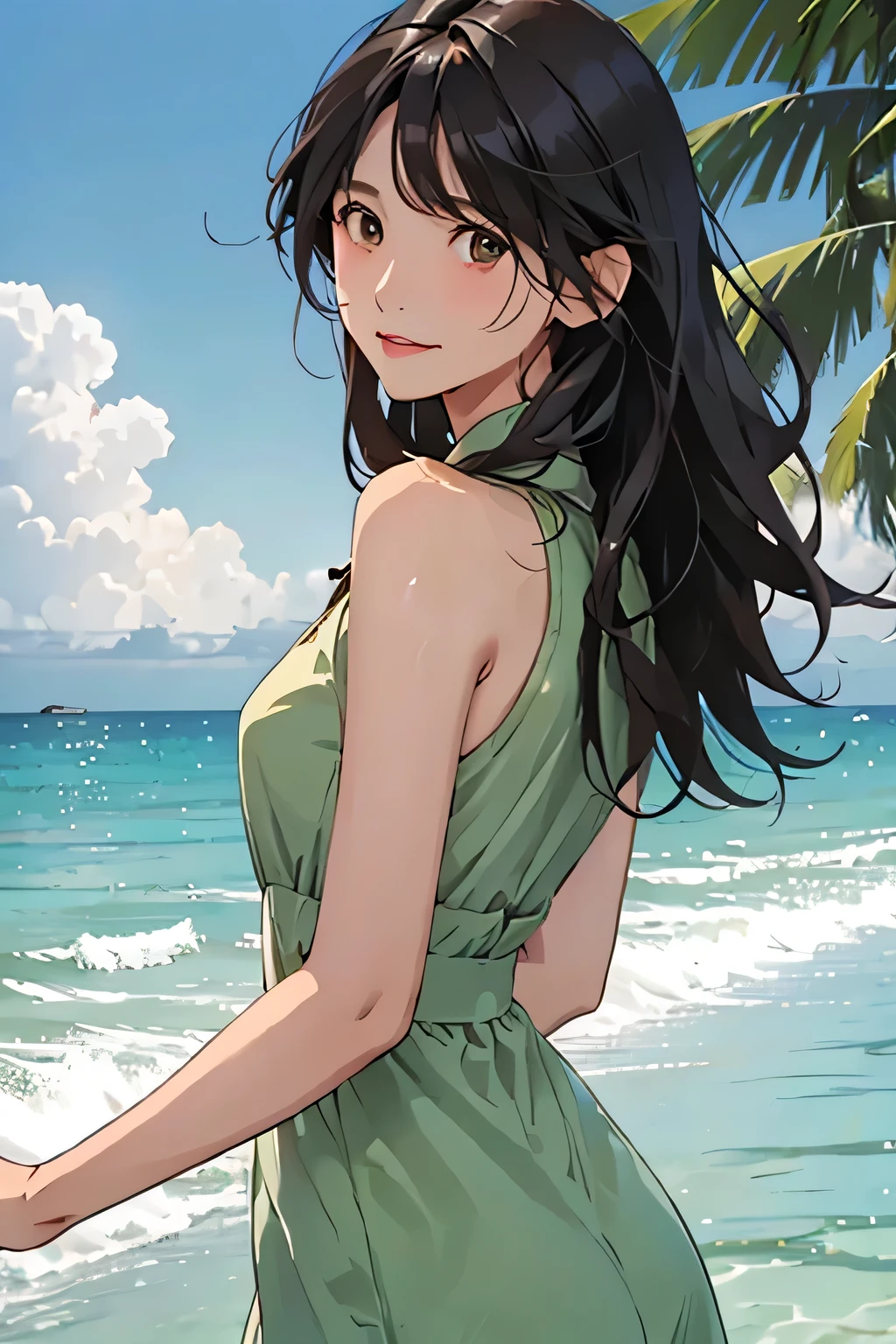 highest quality、Realistic、girl、Black Hair、Dark green eyes、Long Hair、Lemon Yellow Dress、Tanned dark skin、Tan Skin、Brown black skin、Chubby body、smile、Sweat、Ocean、Back view、Bust Shot