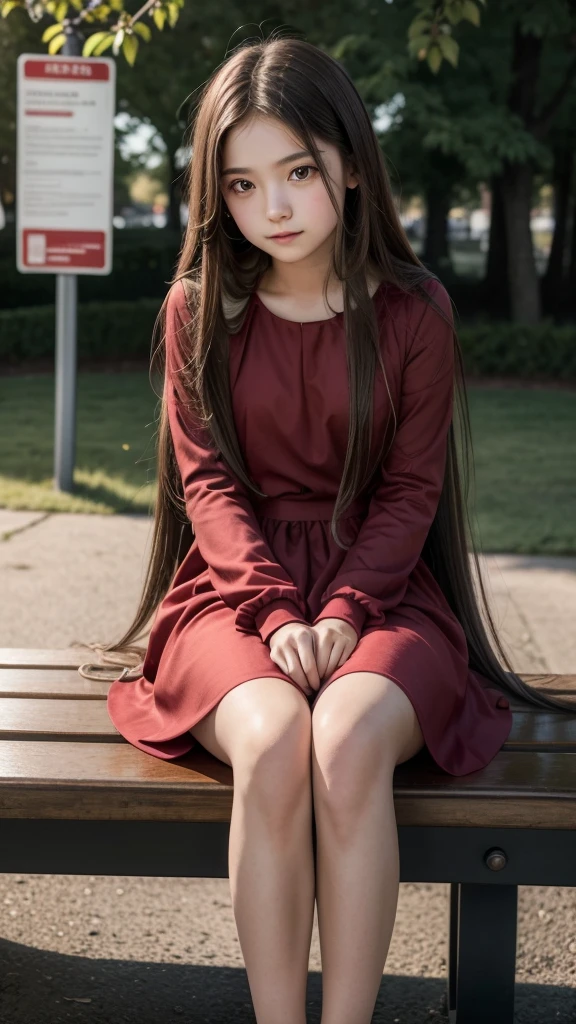 Pretty  with long straight hair posing in a wine-red dress in the evening while sitting on a bench. 8k quality, realist, Ultra quality