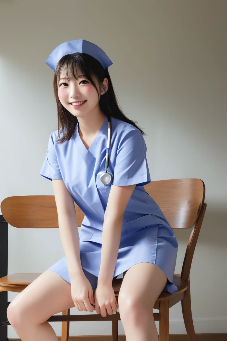 Highest quality, (Beautiful nurse:1.2)、Sit on a chair with your legs open、Shoot from below、smile