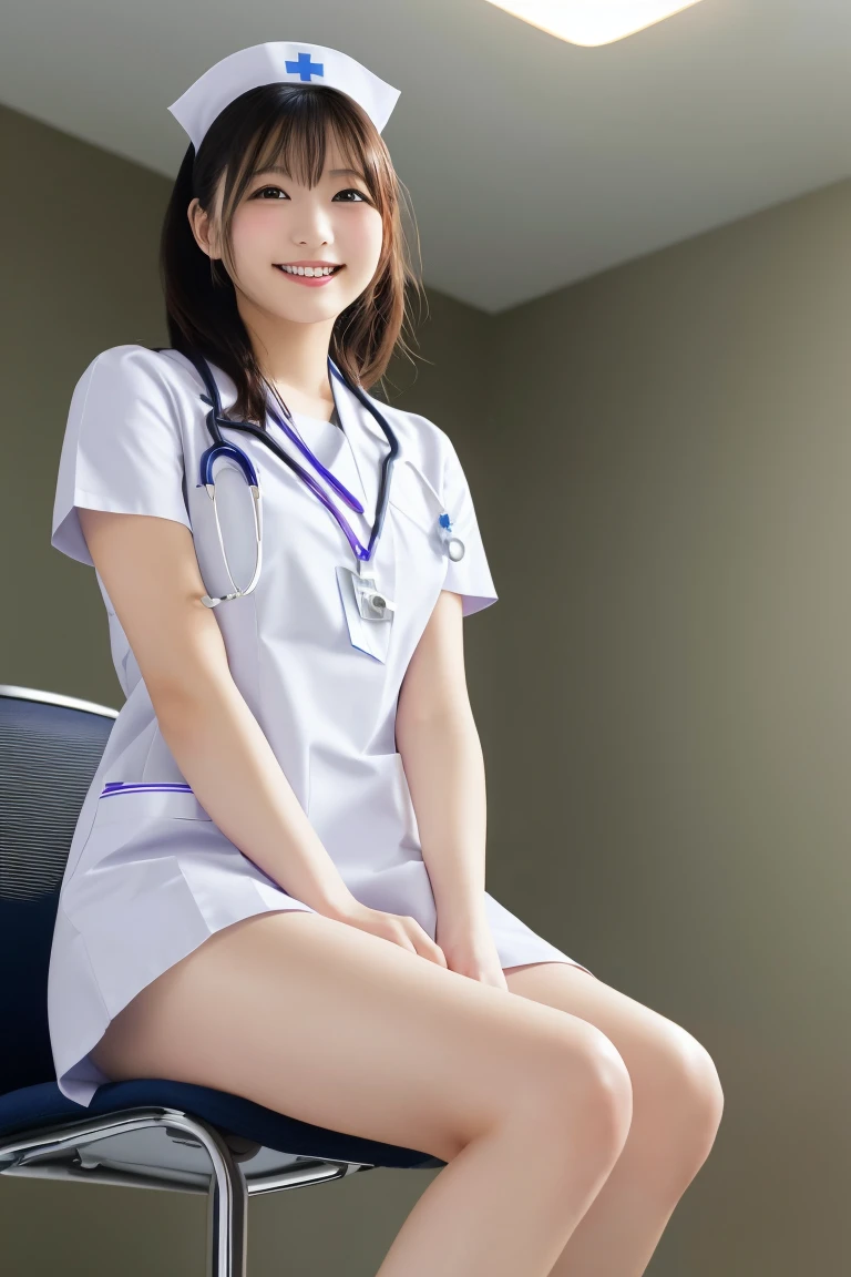 Highest quality, (Beautiful nurse:1.2)、Sit on a chair with your legs open、Shoot from below、smile