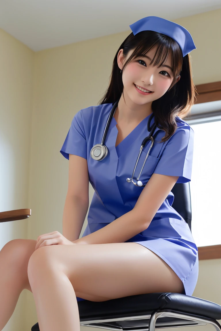 Highest quality, (Beautiful nurse:1.2)、Sit on a chair with your legs open、Shoot from below、smile