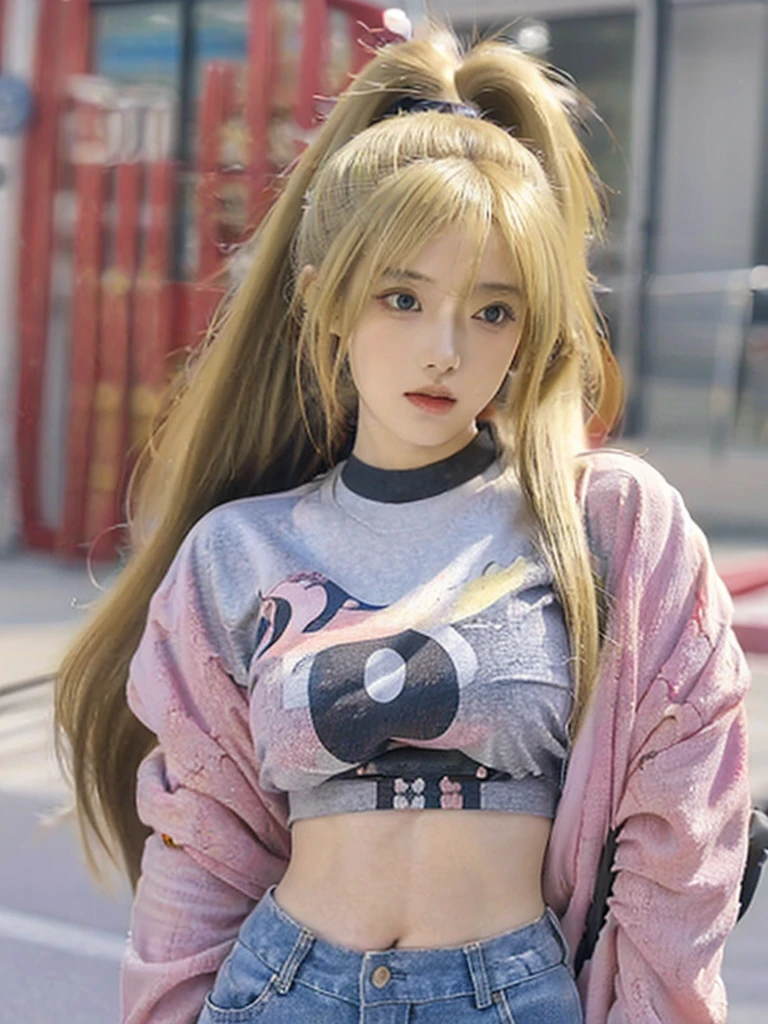 anime girl with long pony blonde hair, crop top shirt, hot pants, a beautiful anime portrait, style of anime4 K, Anime art wallpaper 8 K, Anime art wallpaper 4k, Anime art wallpaper 4 K, Beautiful anime woman, Smooth anime CG art, Stunning anime face portrait, Anime wallpaper 4 k, Anime wallpaper 4K, Detailed digital anime art