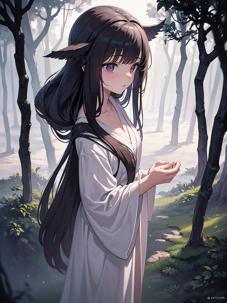 Beautiful girl in a gray robe standing in a dark forest, Magnificent style, Octane Rendering, Desert Composition, Beautiful Face, Surreal, Oil on canvas, Award-winning, masterpiece, Trending on Art Station, Studio Ghibli