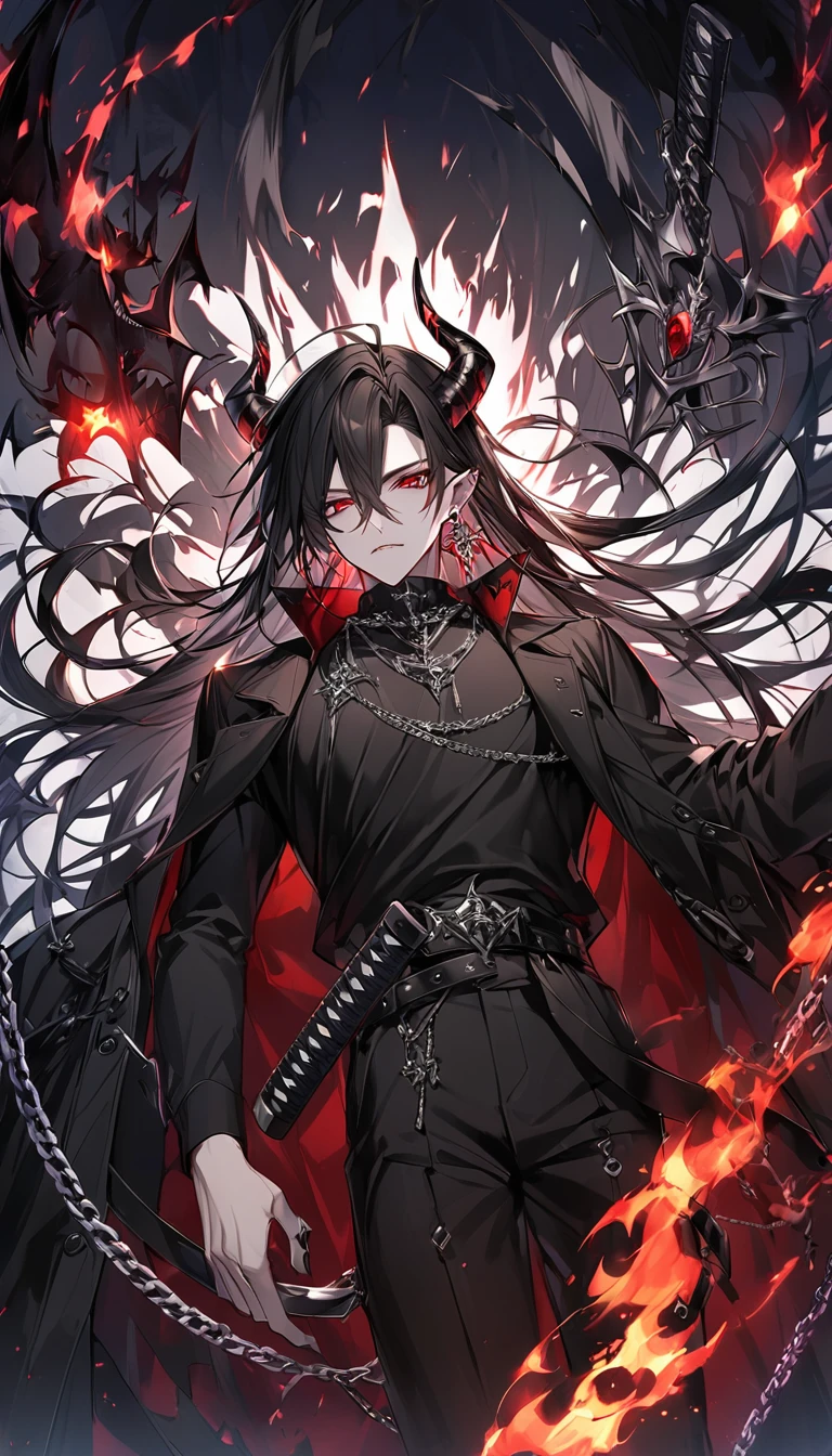 alone, good looking, 1 male, Long hair, Middle parted, Black hair, Red eyes, Black shirt, White Thailand, Black Trench Coat, Royal Silver Jewellery, Royal Demon Earrings, Black horns, Demon Crown, Demonic Katana, Chain, On Back, Demonic Black flames Aura, vtuber Character Design sheet