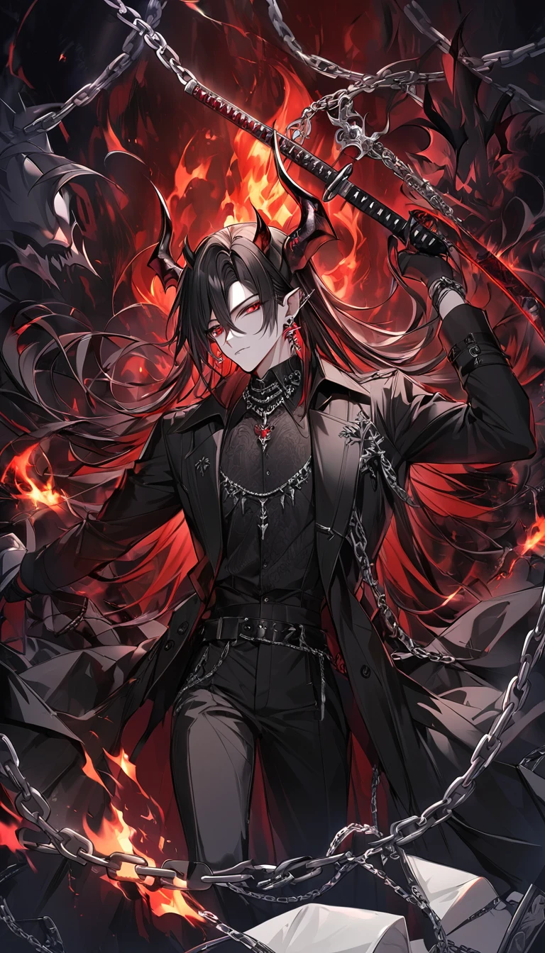 alone, good looking, 1 male, Long hair, Middle parted, Black hair, Red eyes, Black shirt, White Thailand, Black Trench Coat, Royal Silver Jewellery, Royal Demon Earrings, Black horns, Demon Crown, Demonic Katana, Chain, On Back, Demonic Black flames Aura, vtuber Character Design sheet