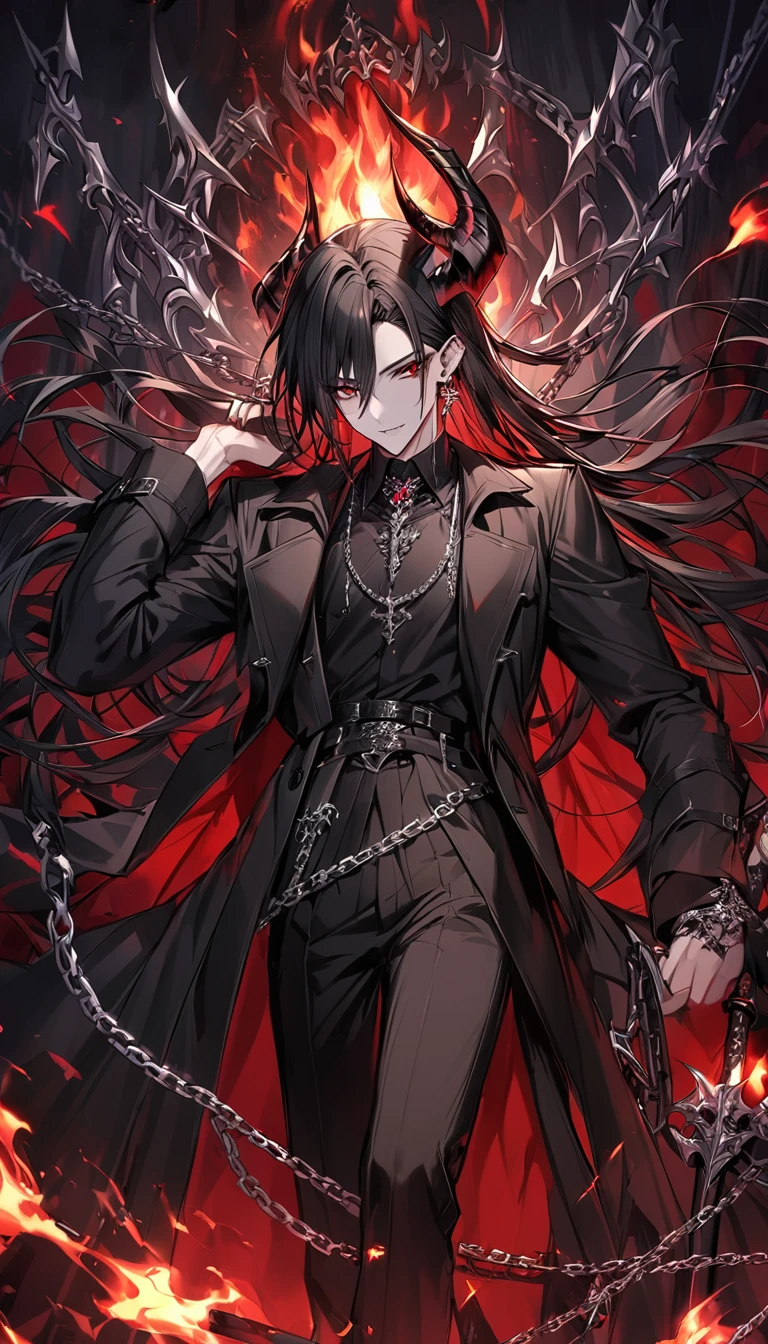 alone, good looking, 1 male, Long hair, Middle parted, Black hair, Red eyes, Black shirt, White Thailand, Black Trench Coat, Royal Silver Jewellery, Royal Demon Earrings, Black horns, Demon Crown, Demonic Katana, Chain, On Back, Demonic Black flames Aura, vtuber Character Design sheet