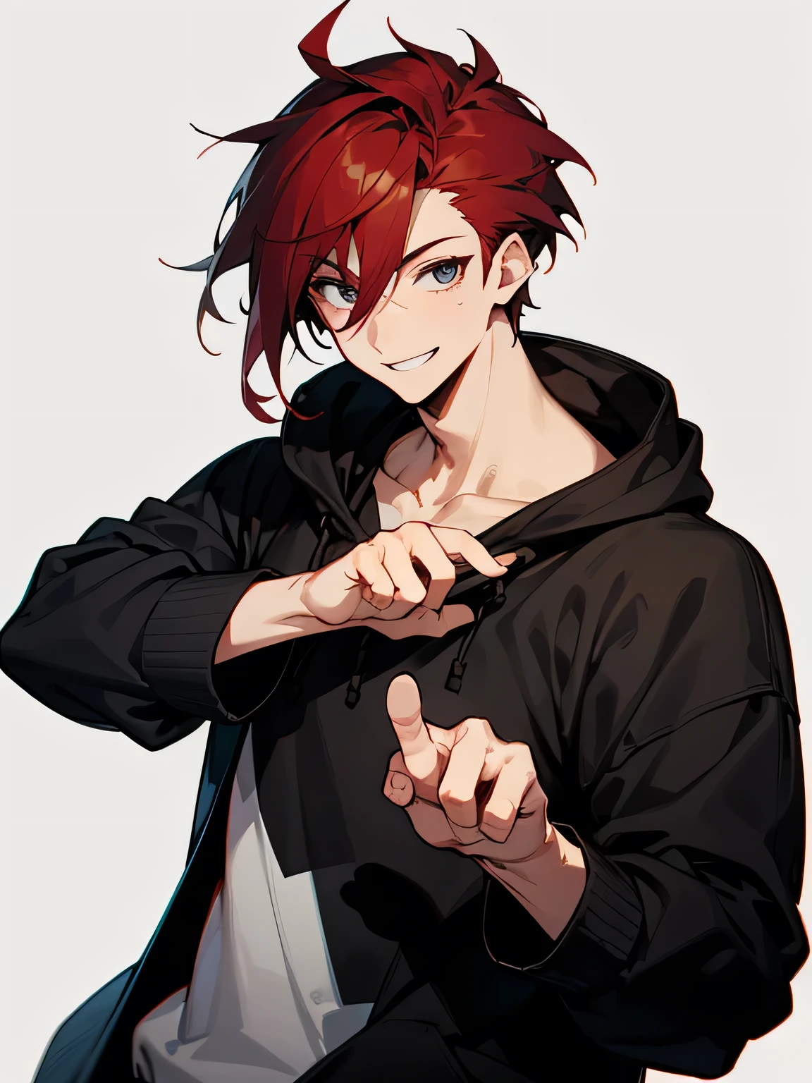 solo, upperbody, dark red fliiped hair, male's hair style, backcut, male's eyes, black hoodie, stylish pose, smile, white simple background
