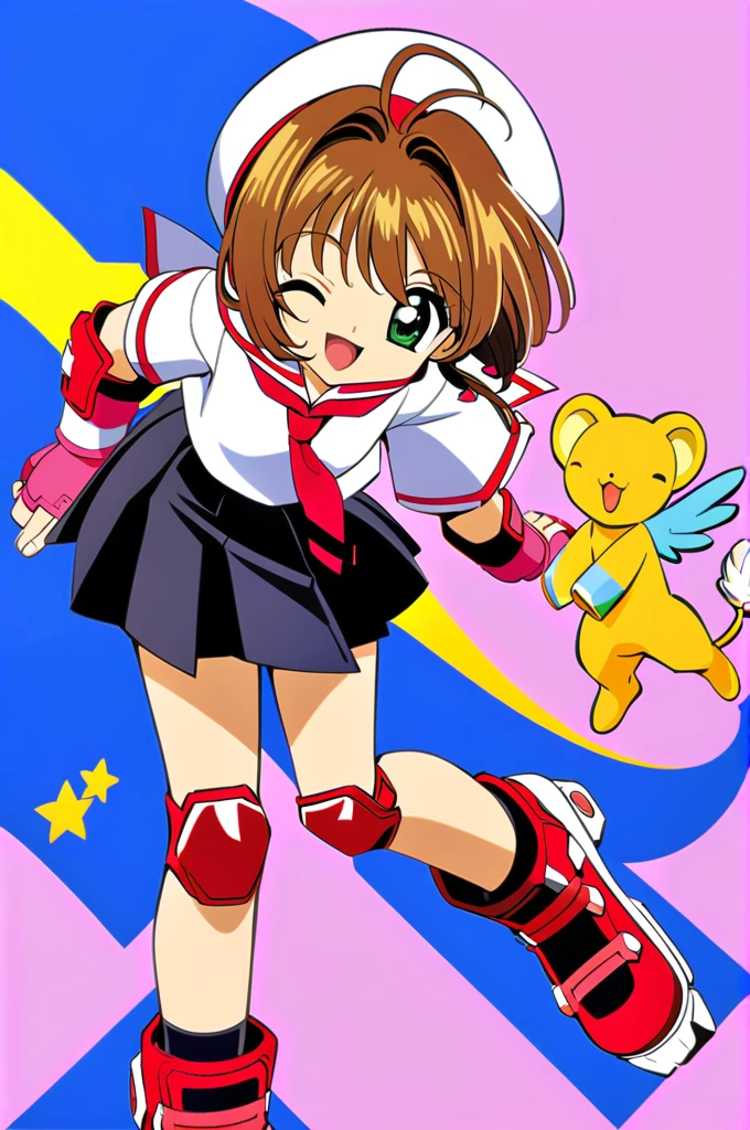 1girl, roller skates, skates, kinomoto sakura, kero, one eye closed, brown hair, skirt, knee pads, , white headwear, green eyes, gloves, elbow pads, tomoeda elementary , hat, Star (symbol), short hair, pleated skirt, fingerless gloves, inline skates, smile, short sleeves, full body, open mouth, serafuku, antenna hair, black skirt, shirt, white shirt, white sailor collar, sailor collar, pink gloves,Huge_chest