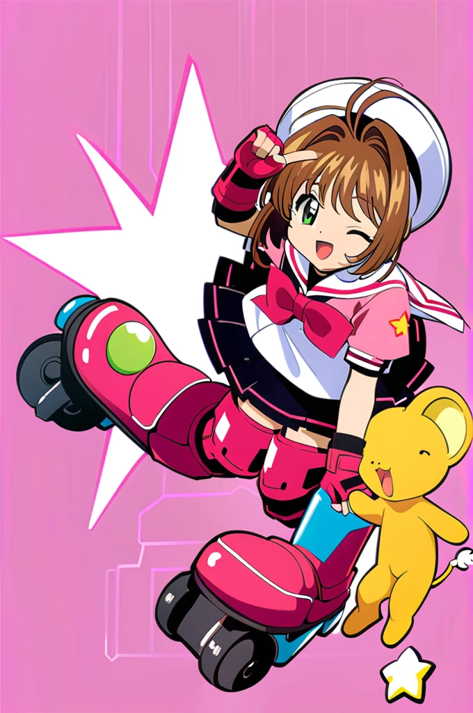 1girl, roller skates, skates, kinomoto sakura, kero, one eye closed, brown hair, skirt, knee pads, , white headwear, green eyes, gloves, elbow pads, tomoeda elementary , hat, Star (symbol), short hair, pleated skirt, fingerless gloves, inline skates, smile, short sleeves, full body, open mouth, serafuku, antenna hair, black skirt, shirt, white shirt, white sailor collar, sailor collar, pink gloves,Huge_chest
