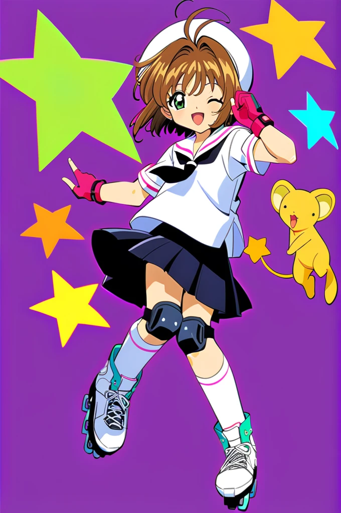 1girl, roller skates, skates, kinomoto sakura, kero, one eye closed, brown hair, skirt, knee pads, , white headwear, green eyes, gloves, elbow pads, tomoeda elementary , hat, Star (symbol), short hair, pleated skirt, fingerless gloves, inline skates, smile, short sleeves, full body, open mouth, serafuku, antenna hair, black skirt, shirt, white shirt, white sailor collar, sailor collar, pink gloves,Huge_chest