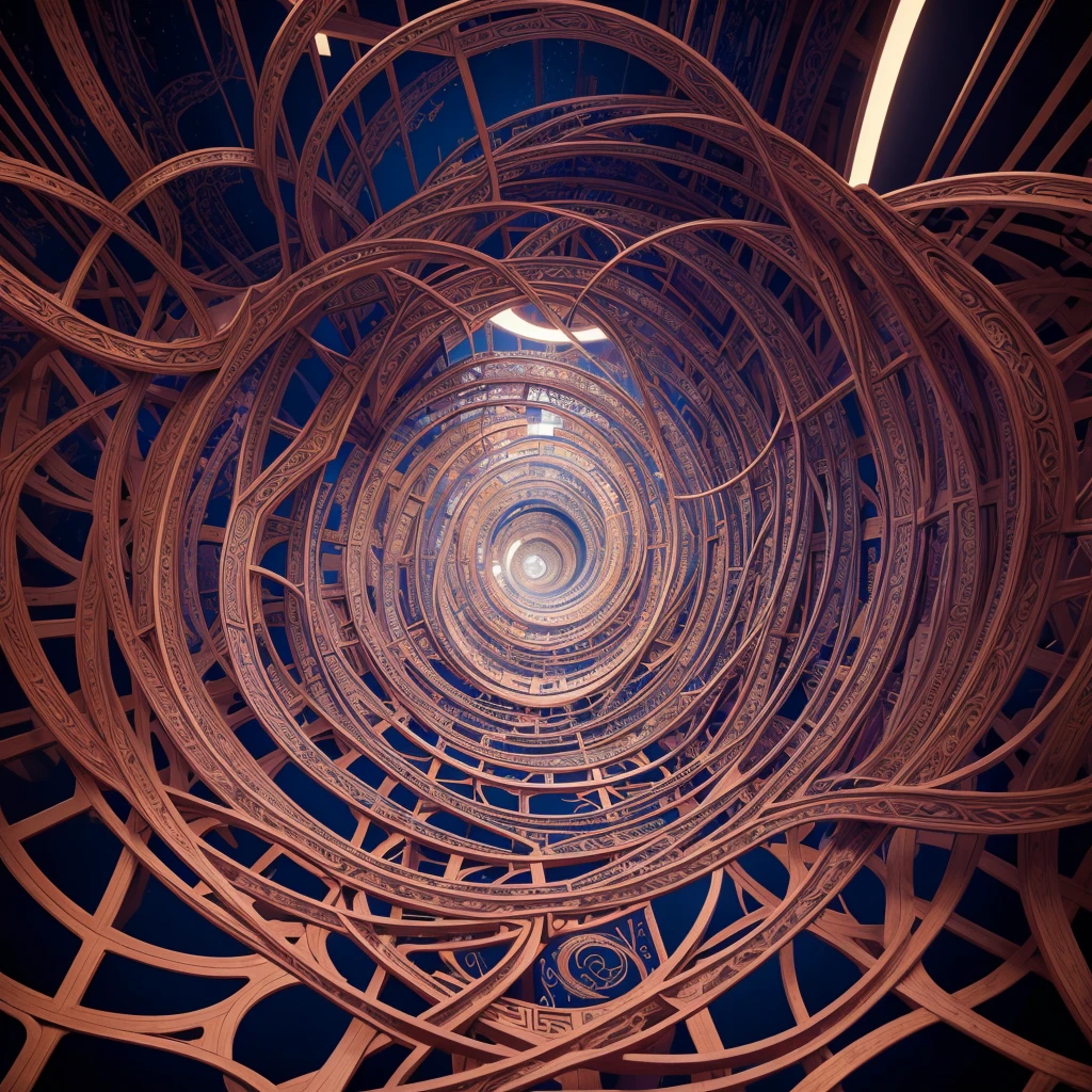 An illustration of a complex labyrinth with several branches, representing a divergent narrative. Inspired by MC Escher's art style, the maze features intricate lines and illusory perspectives. With a vibrant and contrasting color palette, the maze conveys the idea of different paths to explore. The facial expressions of the characters within the maze are one of surprise and curiosity. The lighting is bright and the atmosphere is one of discovery and challenge.--v 5 --stylize 1000