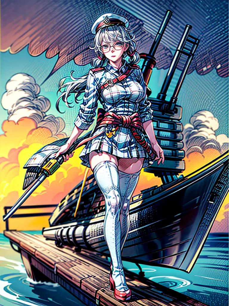 realistic detailed woman with white hair in twin pigtails, wearing white military jacket, miko costume, thick black tights, black glasses, white military cap, cloudy eyes, sleepy expression, floating on morning sea with legs spread wide, holding turret with right hand, mechanical arms extending from waist to equip ship, turret on back held by left arm, torpedo tubes strapped to thighs, machine wings and tail, shotgun, (best quality,4k,8k,highres,masterpiece:1.2),ultra-detailed,(realistic,photorealistic,photo-realistic:1.37),shipgirl,vivid colors,studio lighting,extremely detailed face and eyes,beautiful detailed lips,long eyelashes,professional,concept art