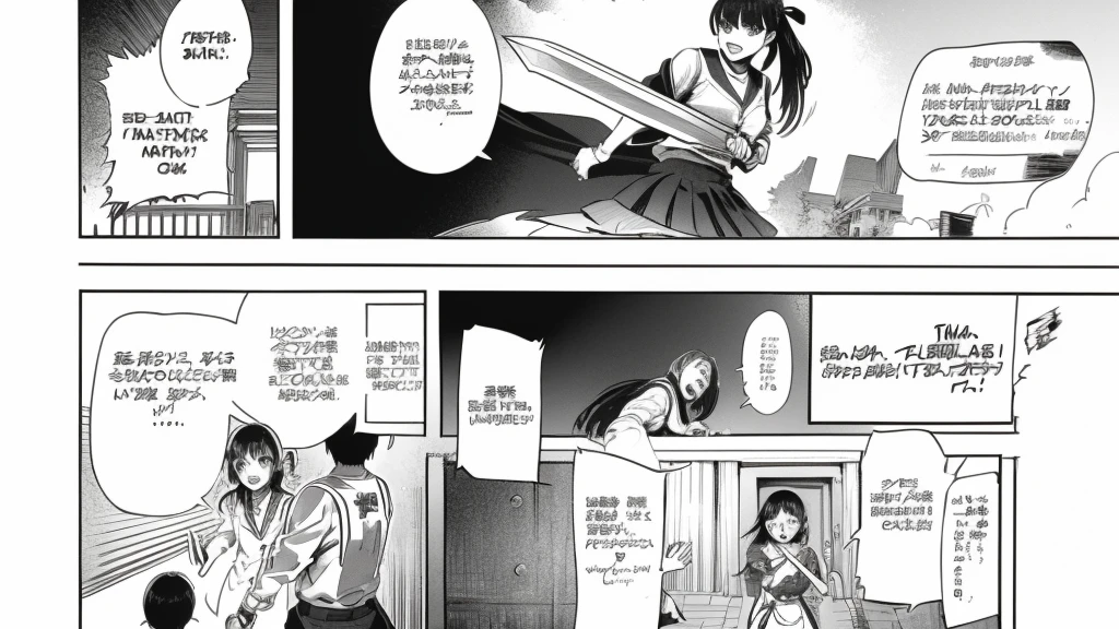 Manga page , girl killing school girls with a knife , brutal , blood , fight