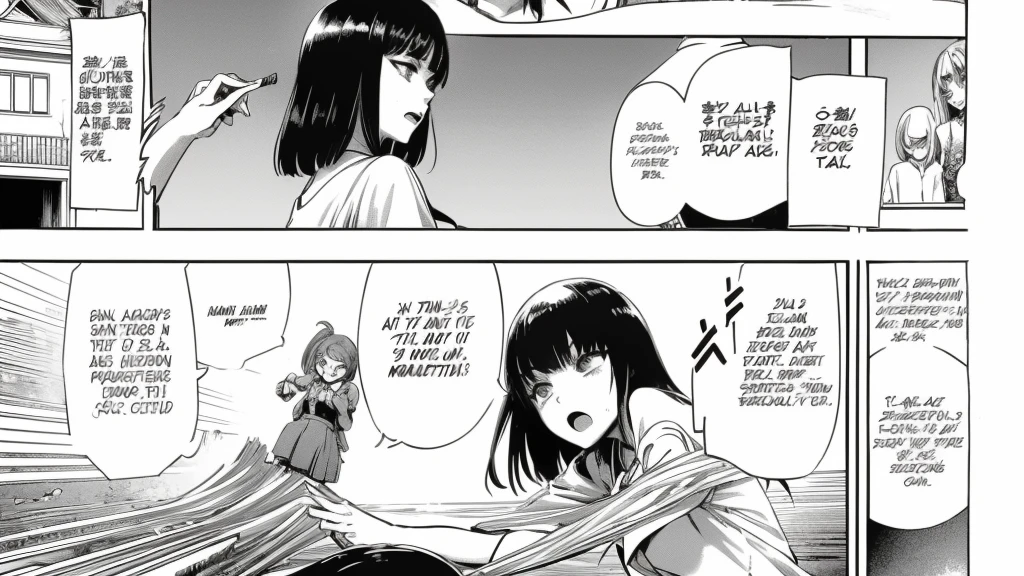 Manga page , girl killing school girls with a knife , brutal , blood , fight 