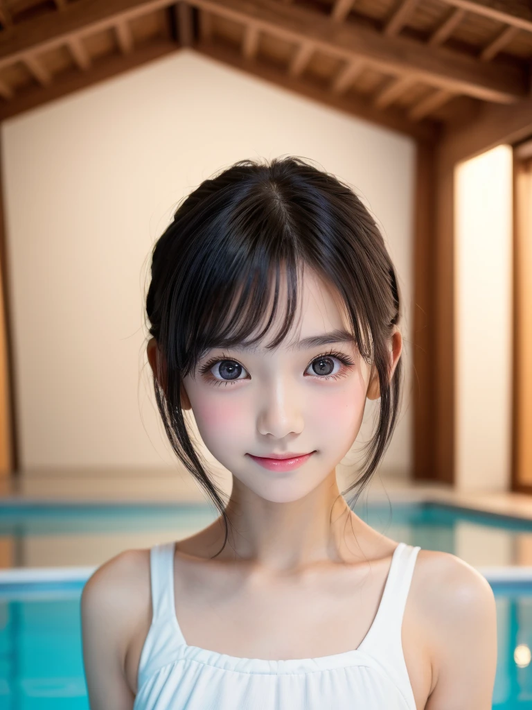 One Girl，Very cute girl at ，Big eyes:0.5，The face is facing straight ahead，Body facing forward，Beautiful nose，Fuller lips，Short black hair，ponytail，Detailed eyelashes，Thin eyebrows，Symmetrical eyes，White swimsuit，Portrait，View Viewer, half smile:0.5,