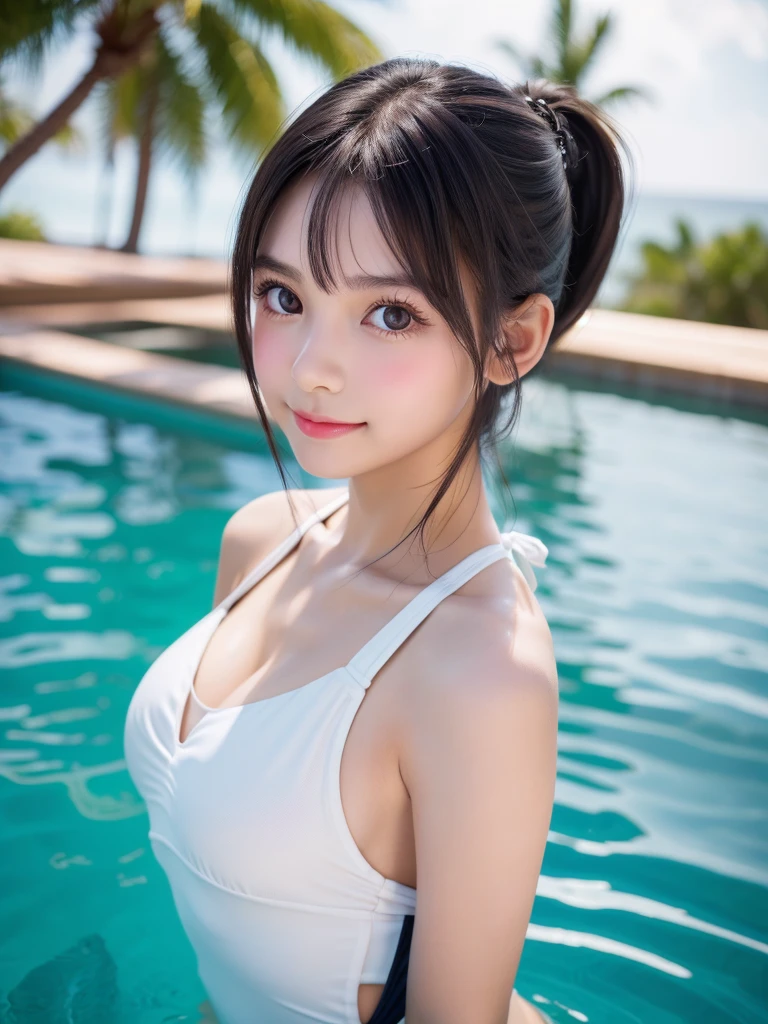 One Girl，Very cute girl at ，Big eyes:0.5，The face is facing straight ahead，Body facing forward，Beautiful nose，Fuller lips，Short black hair，ponytail，Detailed eyelashes，Thin eyebrows，Symmetrical eyes，White swimsuit，Portrait，View Viewer, half smile:0.5,