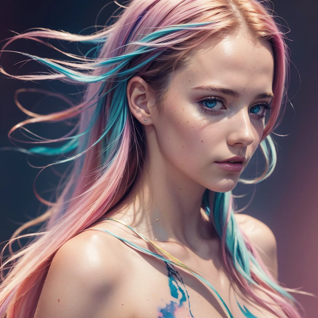 (8k, best quality, masterpiece:1.2),(best quality:1.0), (ultra highres:1.0), watercolor, a beautiful woman, shoulder, hair ribbons, by agnes cecile, half body portrait, extremely luminous bright design, pastel colors, (ink:1.3), autumn lights,