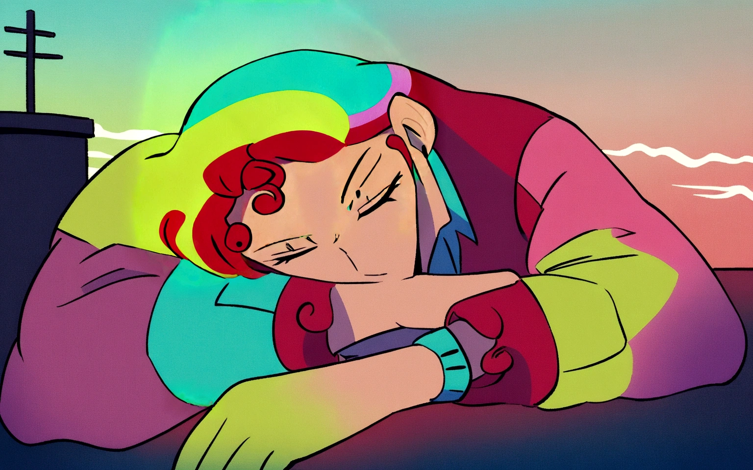  ((red curly hair )), praise artstyle, praise feel, cute anime pose, praise portrait, thoughtful pose, lo-fi illustration style, in the art style of 80s anime, praise art, praise, they be colors, they be, inspired by Bian Shoumin, official fanart