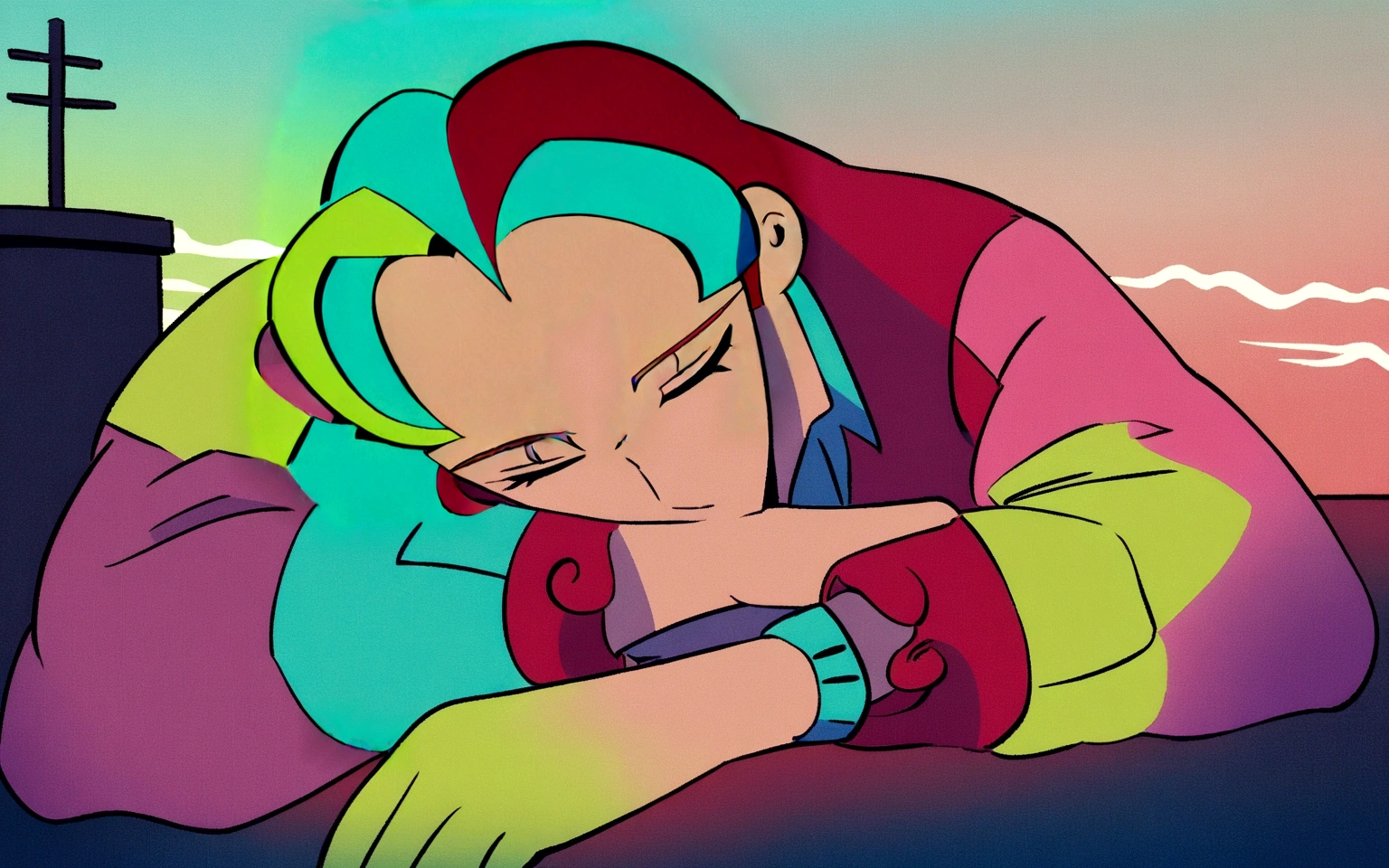 ((red curly hair )), praise artstyle, praise feel, cute anime pose, praise portrait, thoughtful pose, lo-fi illustration style, in the art style of 80s anime, praise art, praise, they be colors, they be, inspired by Bian Shoumin, official fanart