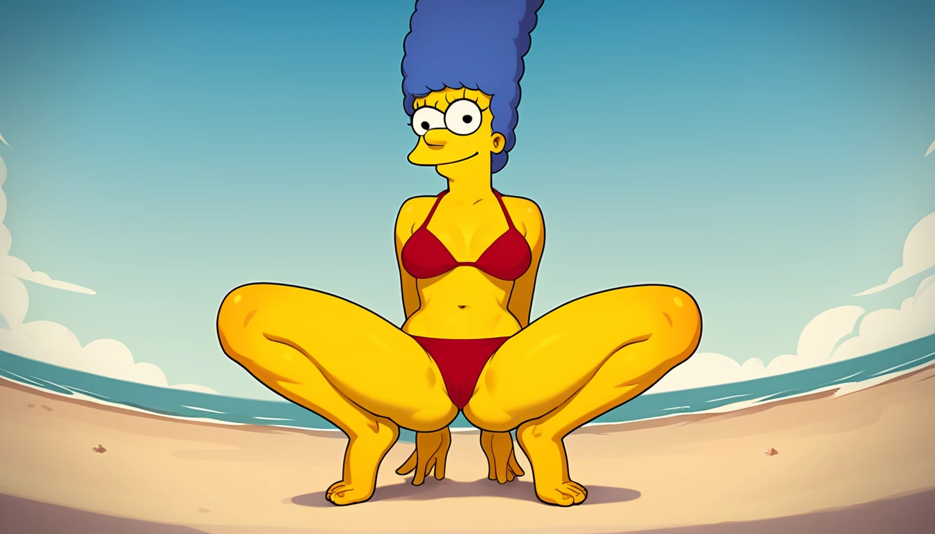 marges, (((blue hair, 1girl, solo, alone, colored skin, yellow skin))), zPDXL flat color, looking at viewer, smile,
((( red bikini, barefoot, squat, squatting, spread legs ))),
sexy pose, dynamic pose, dynamic angle, cowboy shot,
outdoor, beach, day,