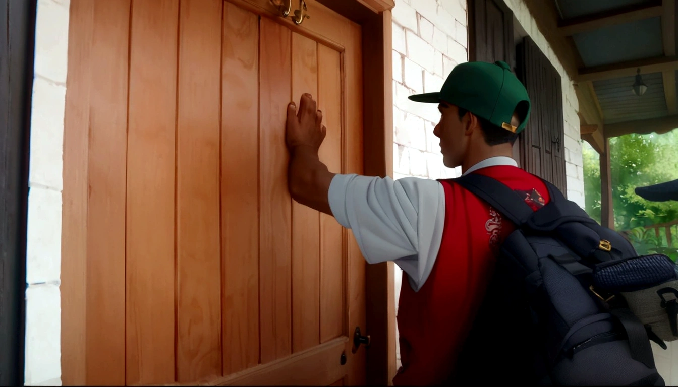 arafed man in a green hat and red shirt knocking a wooden door, about to enter doorframe, opening door, delivering parsel box, diy, youtube video screenshot, masterpiece!, video still, leaning on door, instagram post, masterpiece work, professional work, door, subtitles, masterpiece!!, illustration », video, look at the details, : :