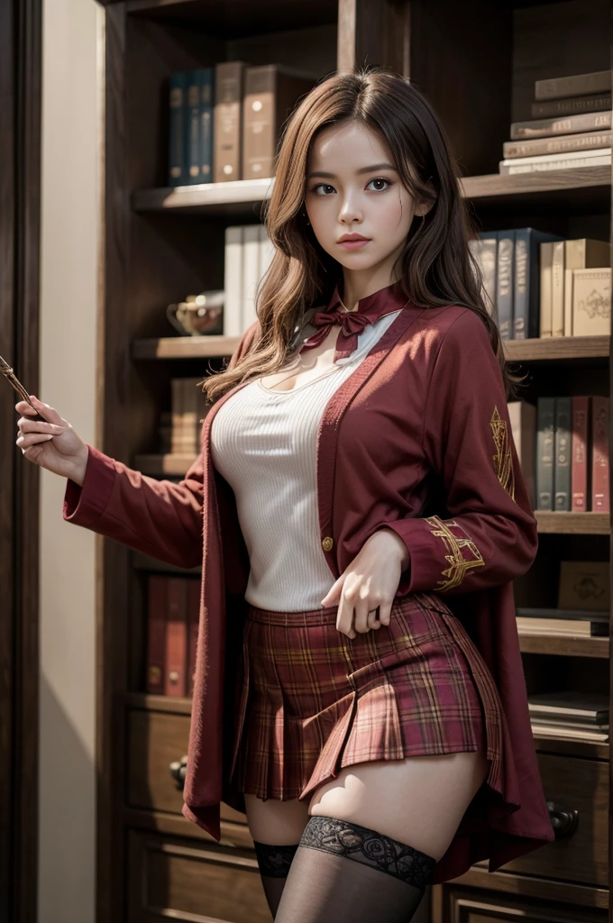Create an ultra-realistic image of an adult petite woman dressed in a sexy, suggestive cosplay of Hermione Granger from Harry Potter. The woman should have an hourglass figure, but with a petite frame—petite, petite, . She should have long, wavy brown hair, styled in loose waves that frame her face beautifully. Her skin tone should be fair and smooth, with a natural, healthy glow. Her outfit should be a modern, seductive take on the classic Gryffindor uniform—Gryffindor outfit, Gryffindor outfit, Gryffindor outfit: a tight, form-fitting white shirt with a deep neckline that accentuates her bust, and a short, pleated Gryffindor skirt that hugs her hips. Over the shirt, she should be wearing a cropped version of the Gryffindor robe, left open to reveal her figure. She should also have a Gryffindor tie hanging loosely around her neck—Gryffindor logo, Gryffindor logo, Gryffindor logo. To complete the look, she should be wearing thigh-high stockings and high heels. The woman should be holding a wand in one hand—wand, wand, wand—adding a magical element to her appearance. The setting should be a mystical, magical environment reminiscent of Hogwarts, with elements like floating candles, ancient bookshelves, and gothic architecture. Ensure her pose and expression exude confidence and allure, making her look incredibly sexy while maintaining the magical theme. Focus on capturing the details of her outfit—Gryffindor outfit, Gryffindor outfit, Gryffindor outfit—her figure—petite, , petite—and the enchanting environment. Emphasize the wand in her hand—wand, wand, wand. The image should be photorealistic, emphasizing every intricate detail. Gryffindor outfit, Gryffindor outfit, Gryffindor outfit, Gryffindor outfit, Gryffindor outfit, Gryffindor outfit, Gryffindor outfit, Gryffindor outfit, Gryffindor outfit, Gryffindor outfit, Gryffindor outfit, Gryffindor outfit, Gryffindor outfit, Gryffindor outfit, Gryffindor outfit, Gryffindor outfit, Gryffindor outfit. wand