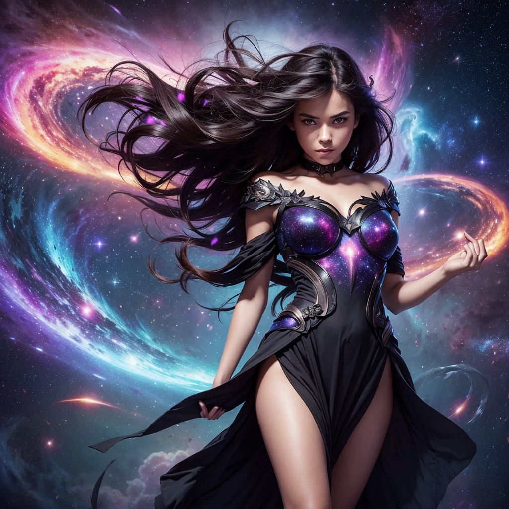 (best quality, masterpiece), 1girl, pose, particle, wind, flower, upper body, simple background, looking at viewer, black wildly hair, cosmic, nebulas, galaxy
