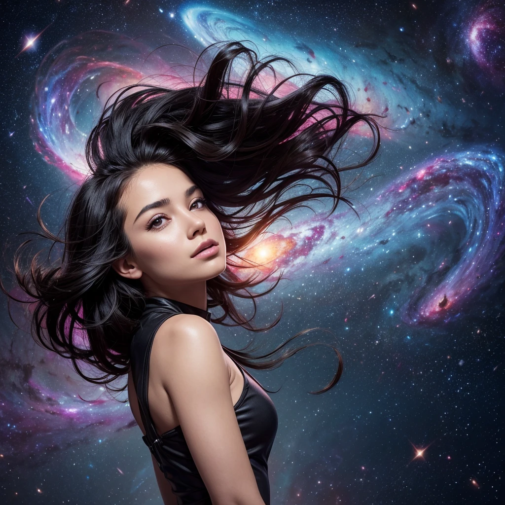 (best quality, masterpiece), 1girl, pose, particle, wind, flower, upper body, simple background, looking at viewer, black wildly hair, cosmic, nebulas, galaxy