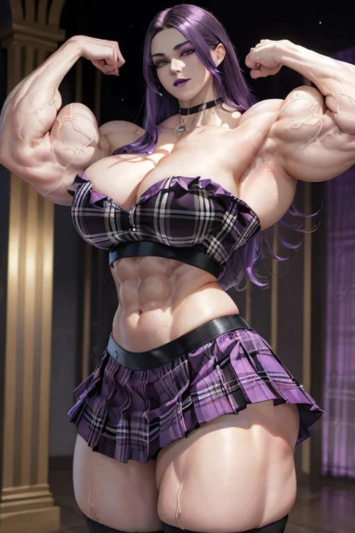 ((((Massive tall, beautiful, buff, pale white skinned muscular woman with violet purple hair, black lipstick, ginormous bulky muscles, flexing and wearing a violet plaid off-shoulder cropped top and beautiful long pleated skirt)))), (close view), (massive muscles), long hair with long bangs, ((chained belt)), black eyes, choker, ((violet plaid off-shoulder cropped top)), belt, ((beautiful long pleated skirt)), thigh high socks, black boots, (at a college dorm room), closed smile, night, massive muscles